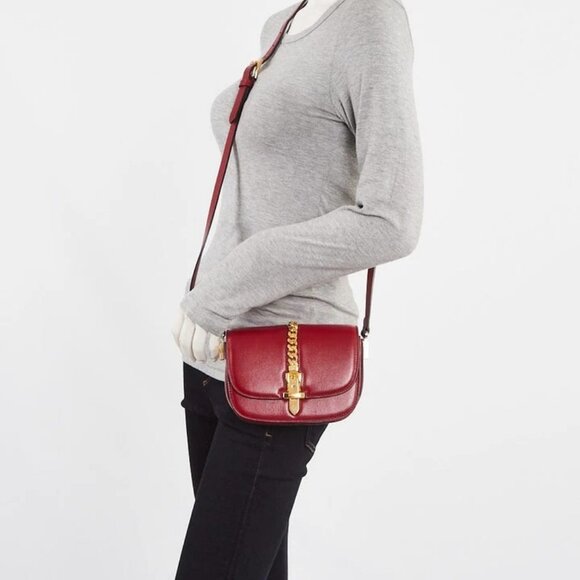Gucci Red Textured Leather Mini Sylvie 1969 Crossbody Bag - Picture 1 of 9